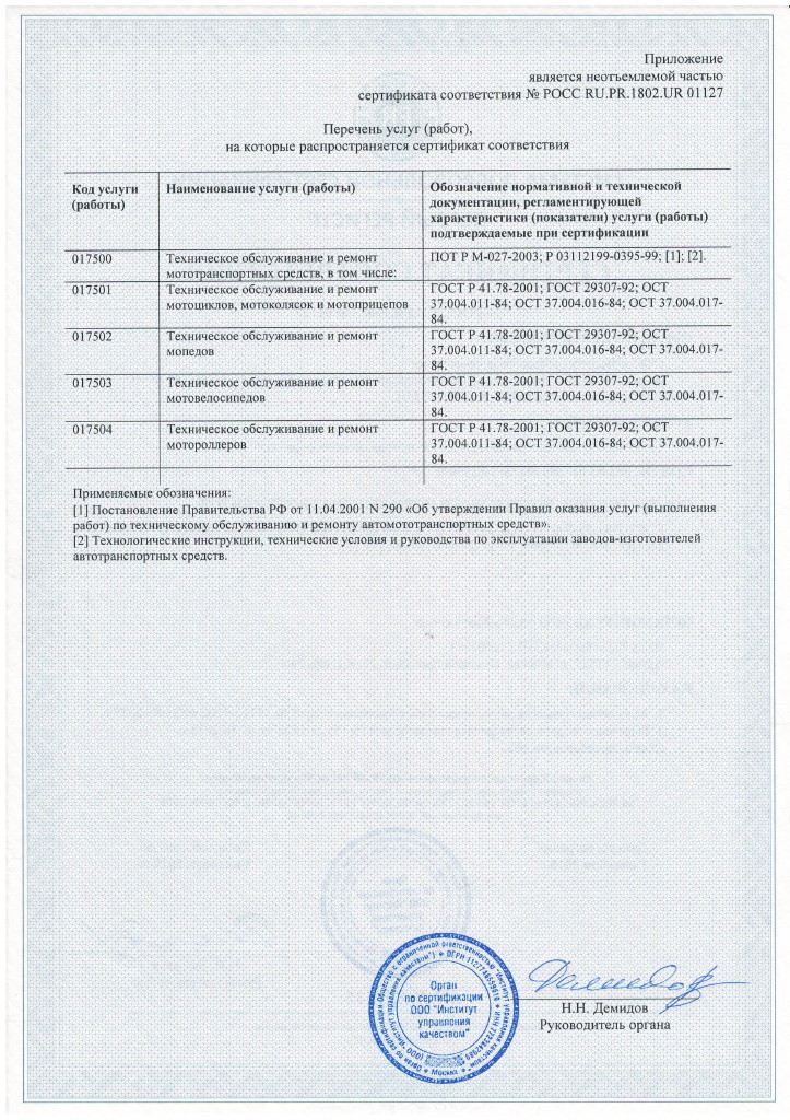Сертификат соответствия кузовного мото центра 2-2